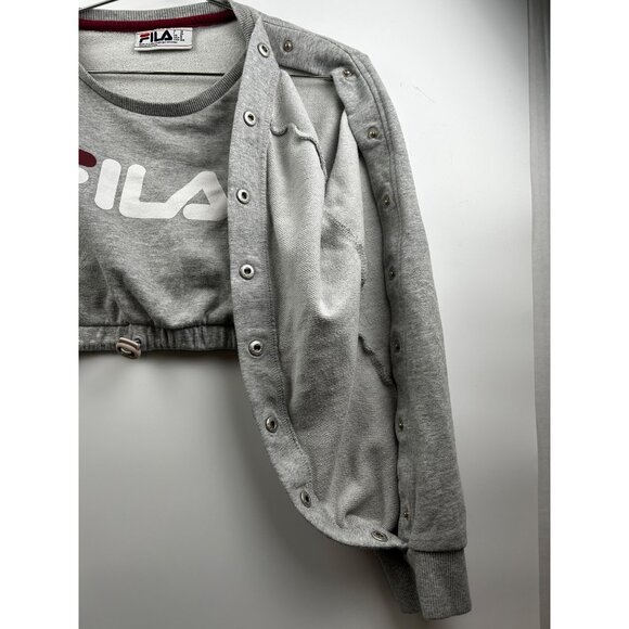 Fila Grey Y2K Sporty Cropped Crewneck Sweatshirt Snap Sleeve Logo Pullover (M) - Picture 4 of 7